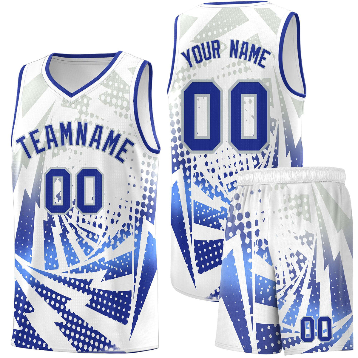 Custom Youth Basketball Jerseys White Royal Blue Lightning Design Halftone Personalized Uniforms