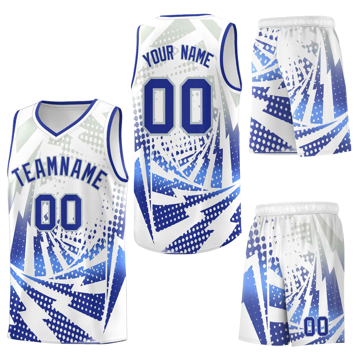 Custom White Royal Blue Lightning Halftone Dot Design Drapable Uniform Basketball Jersey