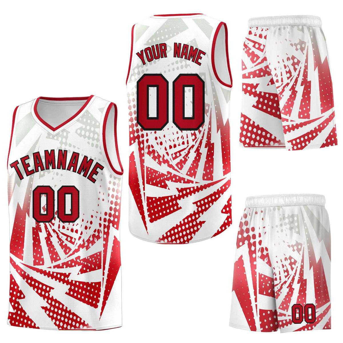 Custom White Red Lightning Halftone Dot Design Breathable Uniform Basketball Jersey
