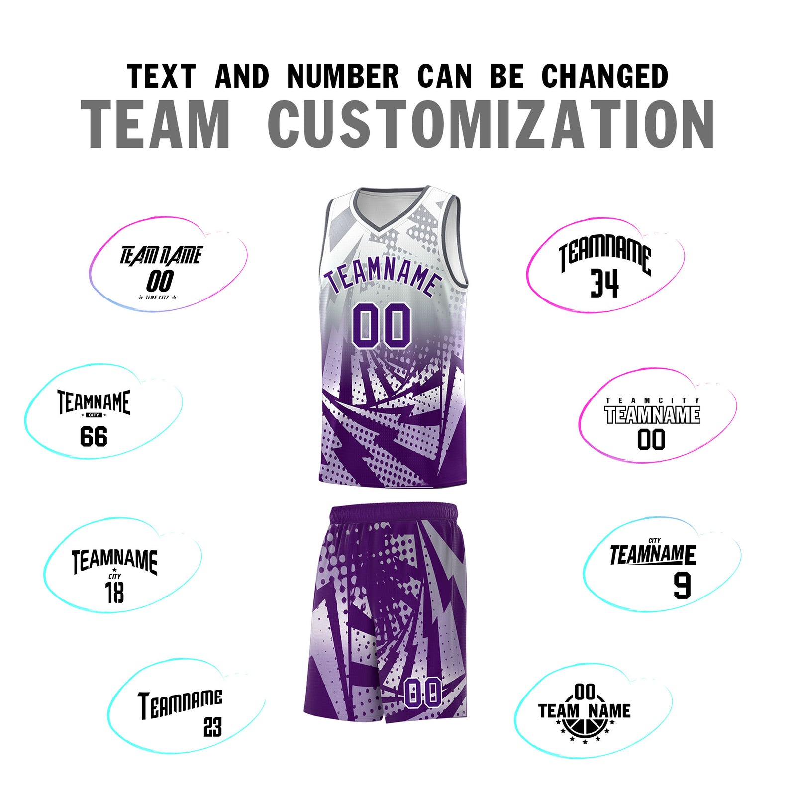 Custom Youth Basketball Jerseys Silver Gray Purple Lightning Design Halftone Personalized Uniforms