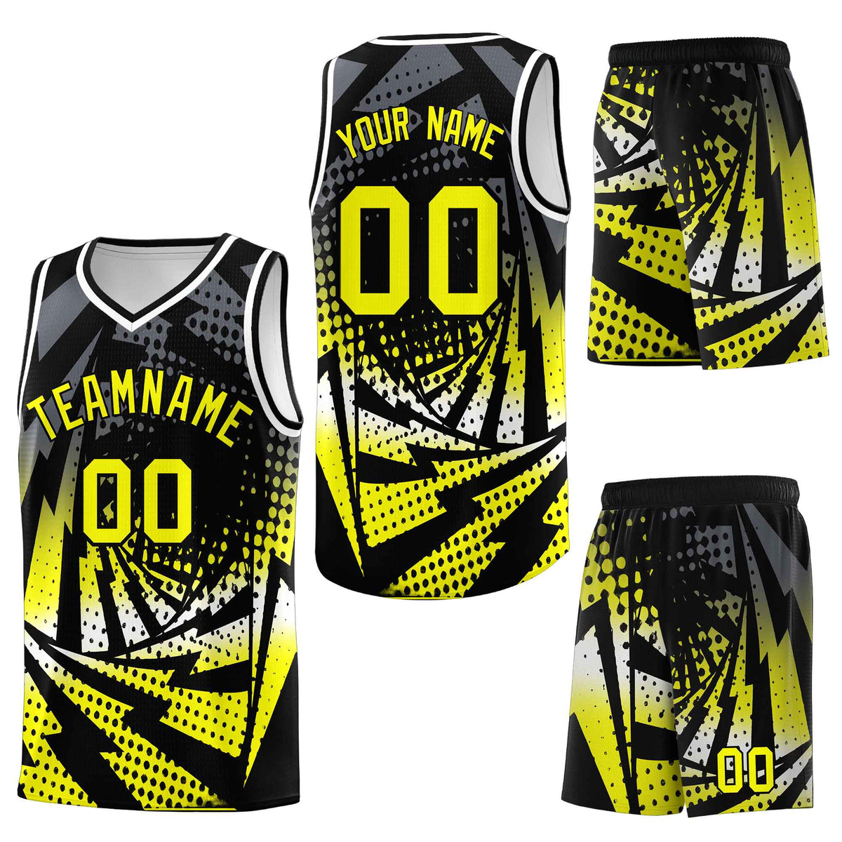 Custom Black Fluorescent Yellow Lightning Halftone Dot Design Breathable Uniform Basketball Jersey