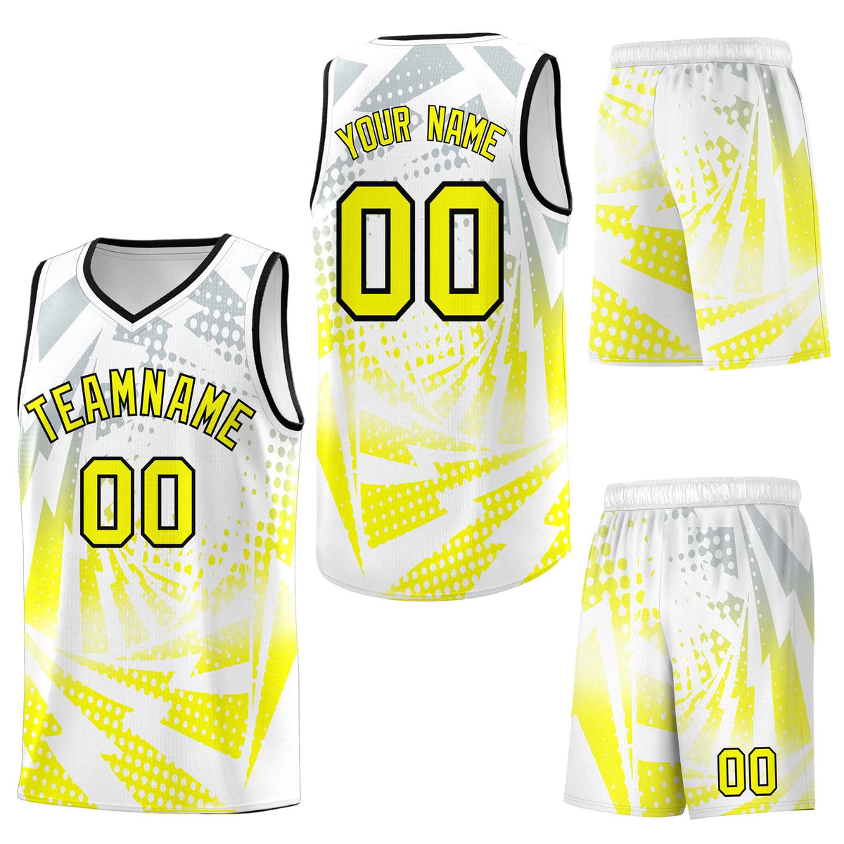 Custom White Fluorescent Yellow Lightning Halftone Dot Design Quick-Drying Uniform Basketball Jersey