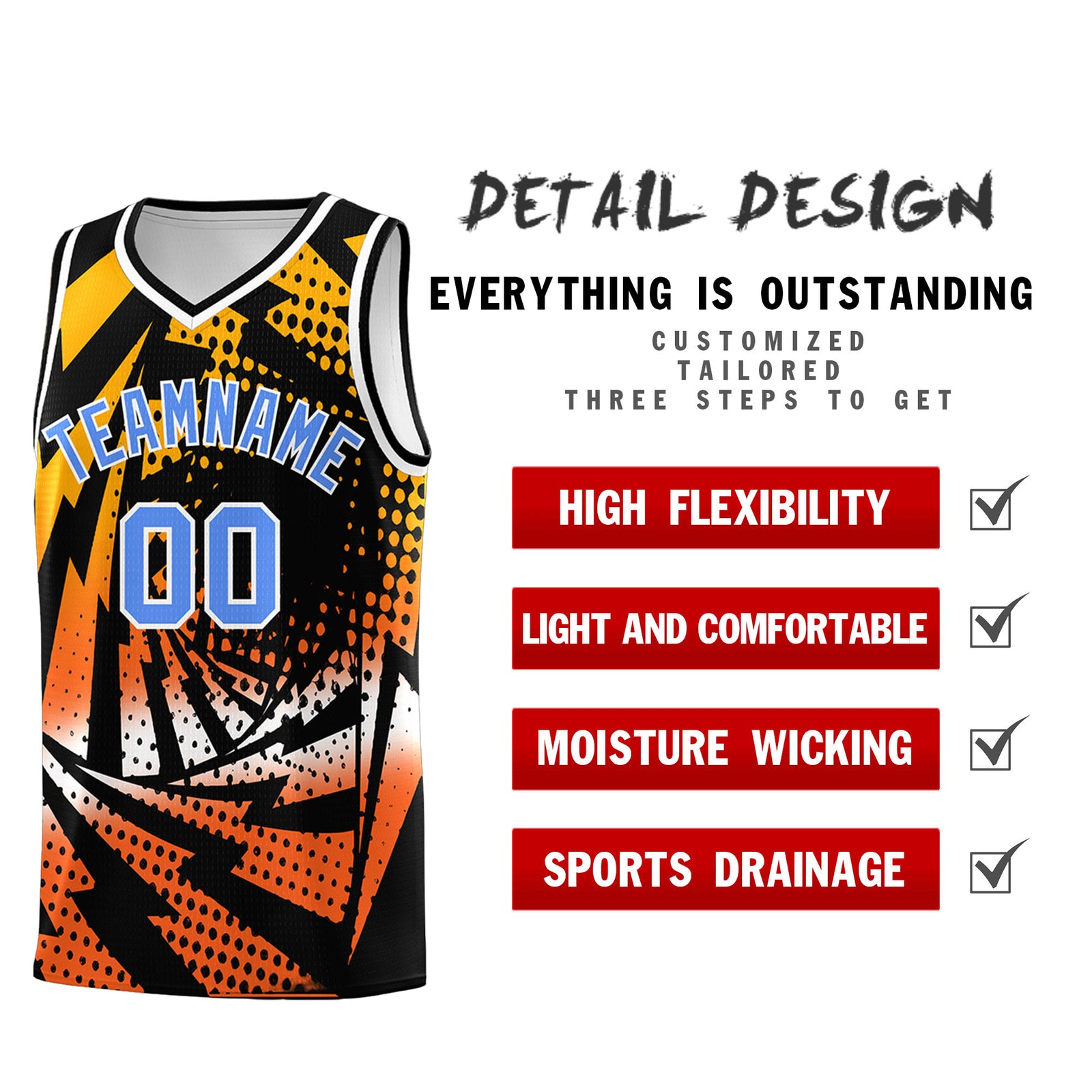 Custom Youth Basketball Jerseys Black Orange Lightning Design Halftone Personalized Uniforms