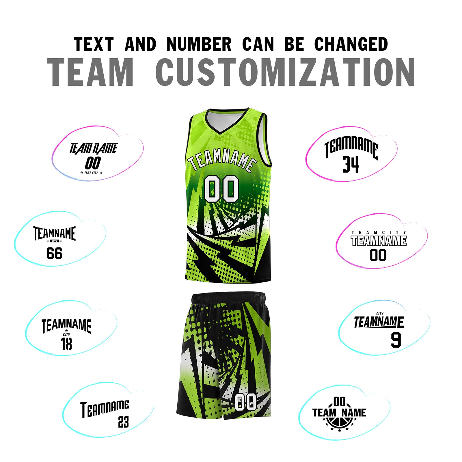 Custom Youth Basketball Jerseys Neon Green Black Lightning Halftone Personalized Team Uniforms