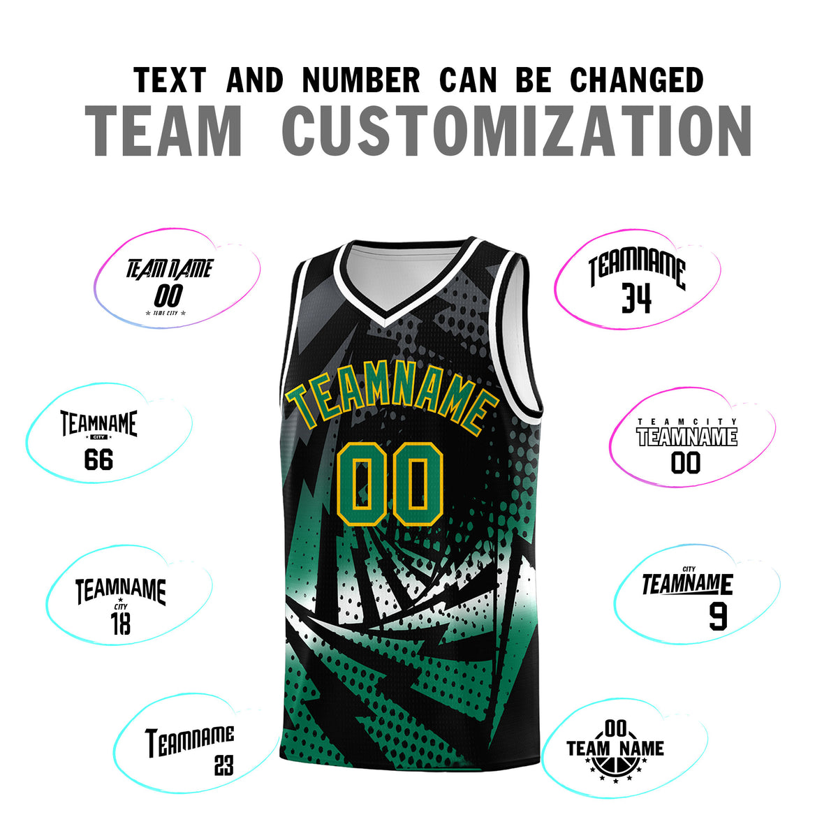 Custom Youth Basketball Jerseys Black Kelly Green Lightning Design Halftone Personalized Uniforms