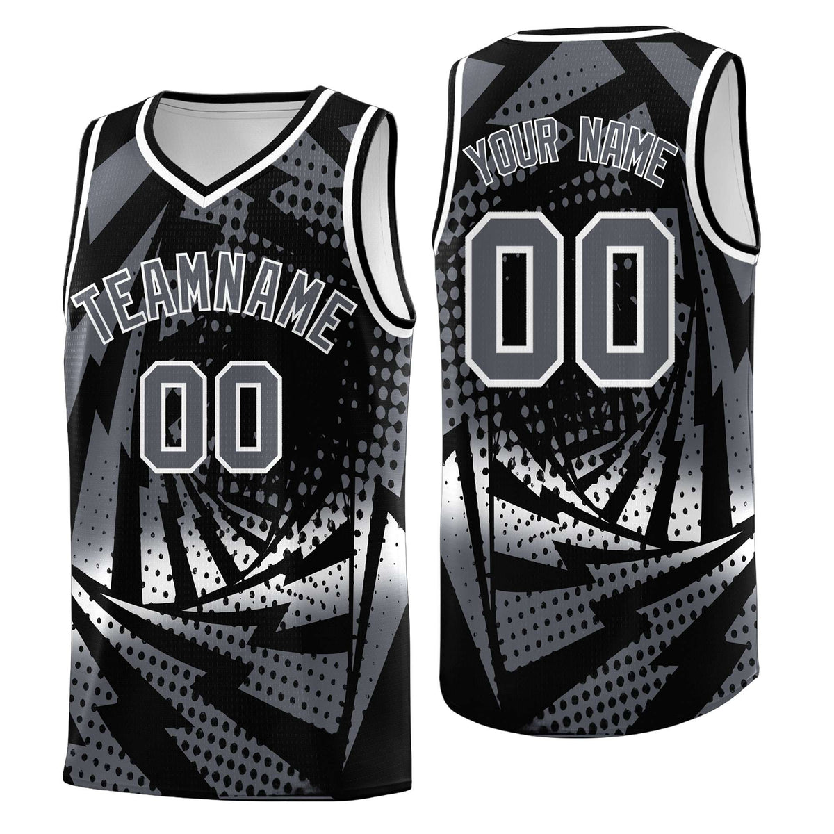 Custom Youth Basketball Jerseys Black Dark Gray Lightning Design Halftone Personalized Uniforms