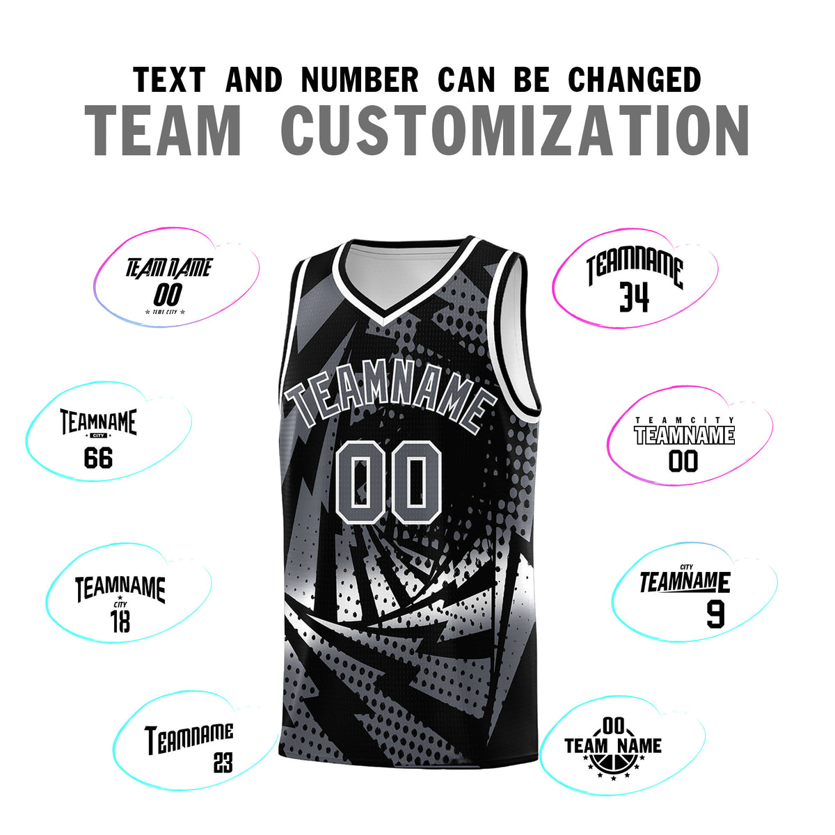 Custom Youth Basketball Jerseys Black Dark Gray Lightning Design Halftone Personalized Uniforms