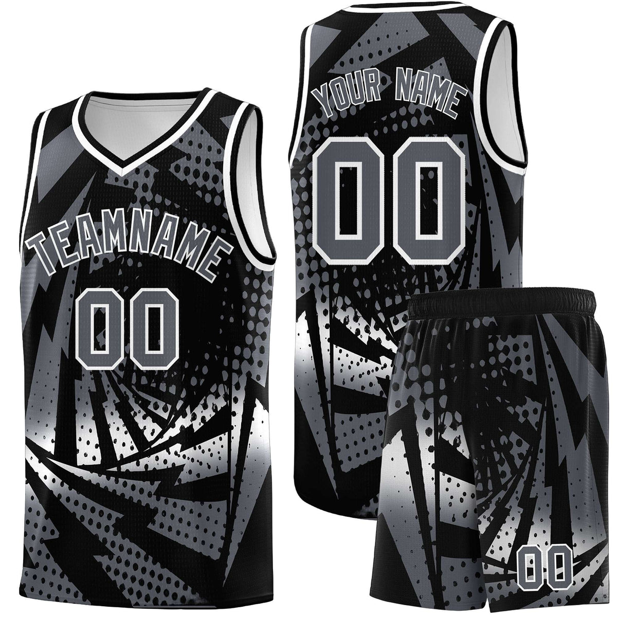 Custom Youth Basketball Jerseys Black Dark Gray Lightning Design Halftone Personalized Uniforms