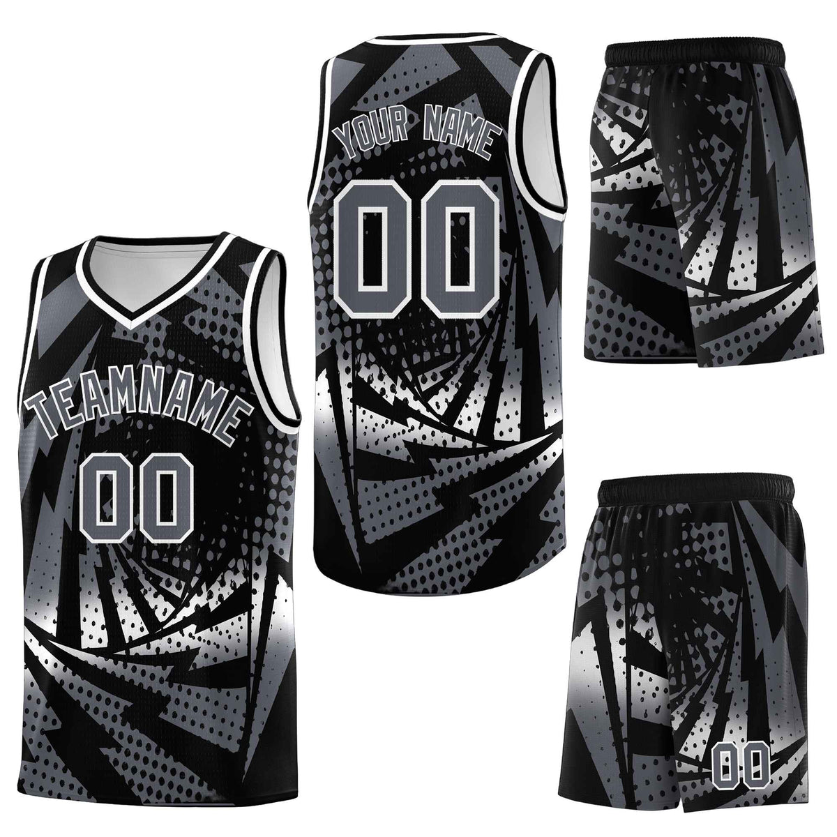 Custom Black Dark Gray Lightning Halftone Dot Design Lightweight Uniform Basketball Jersey
