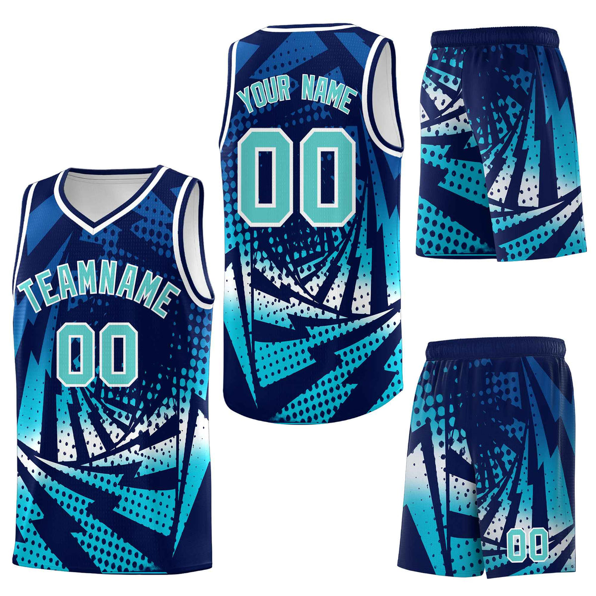 Custom Navy Sky Blue Lightning Halftone Dot Design Wrinkle-Resistant Uniform Basketball Jersey