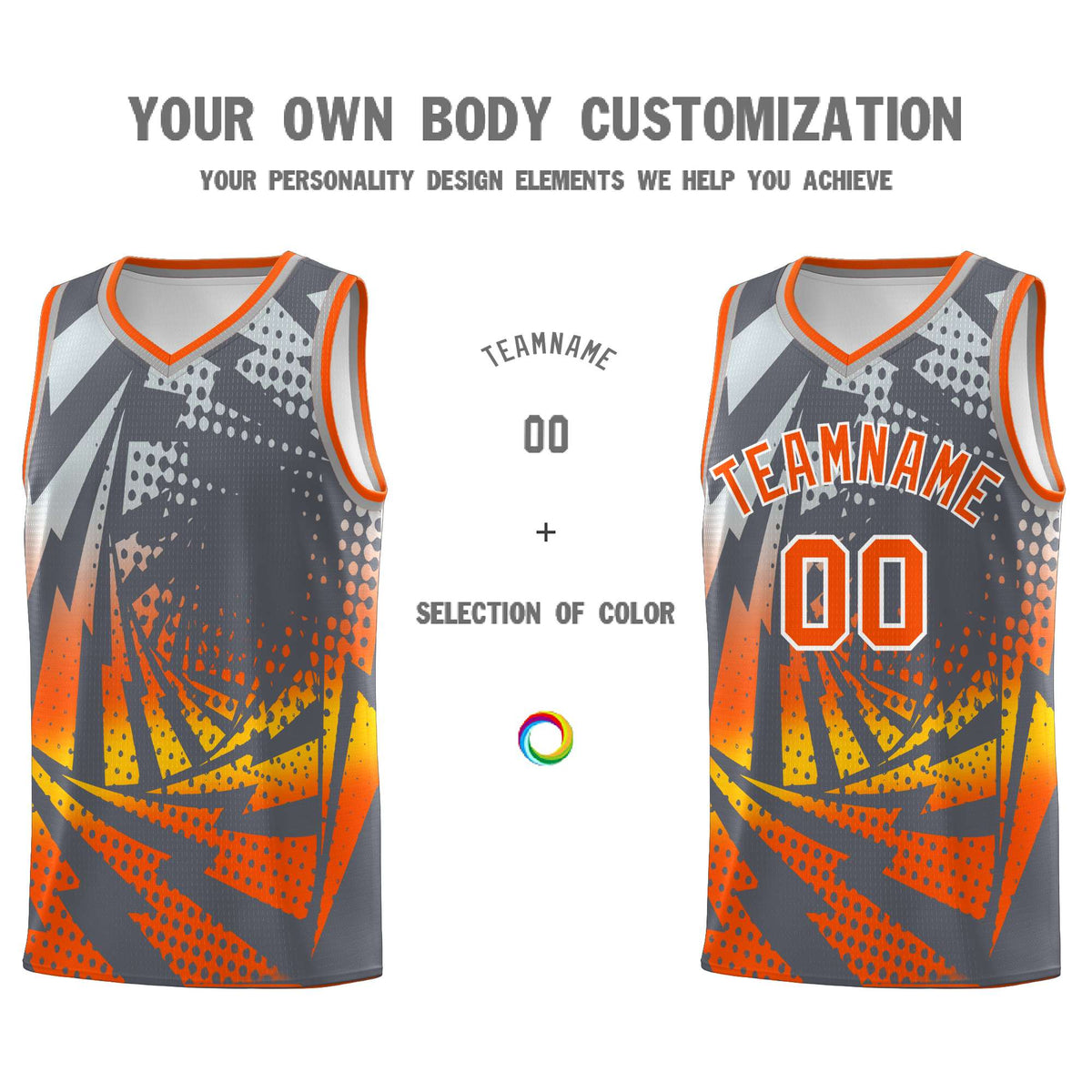Custom Youth Basketball Jerseys Dark Gray Orange Lightning Design Halftone Personalized Uniforms