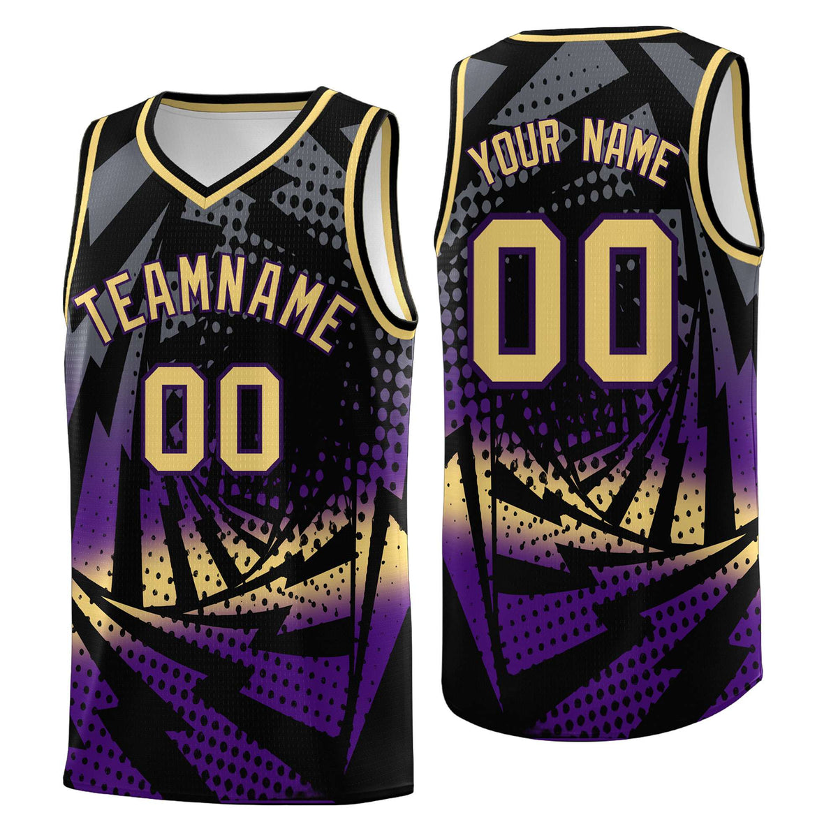 Custom Youth Basketball Jerseys Black Purple Lightning Design Halftone Personalized Uniforms