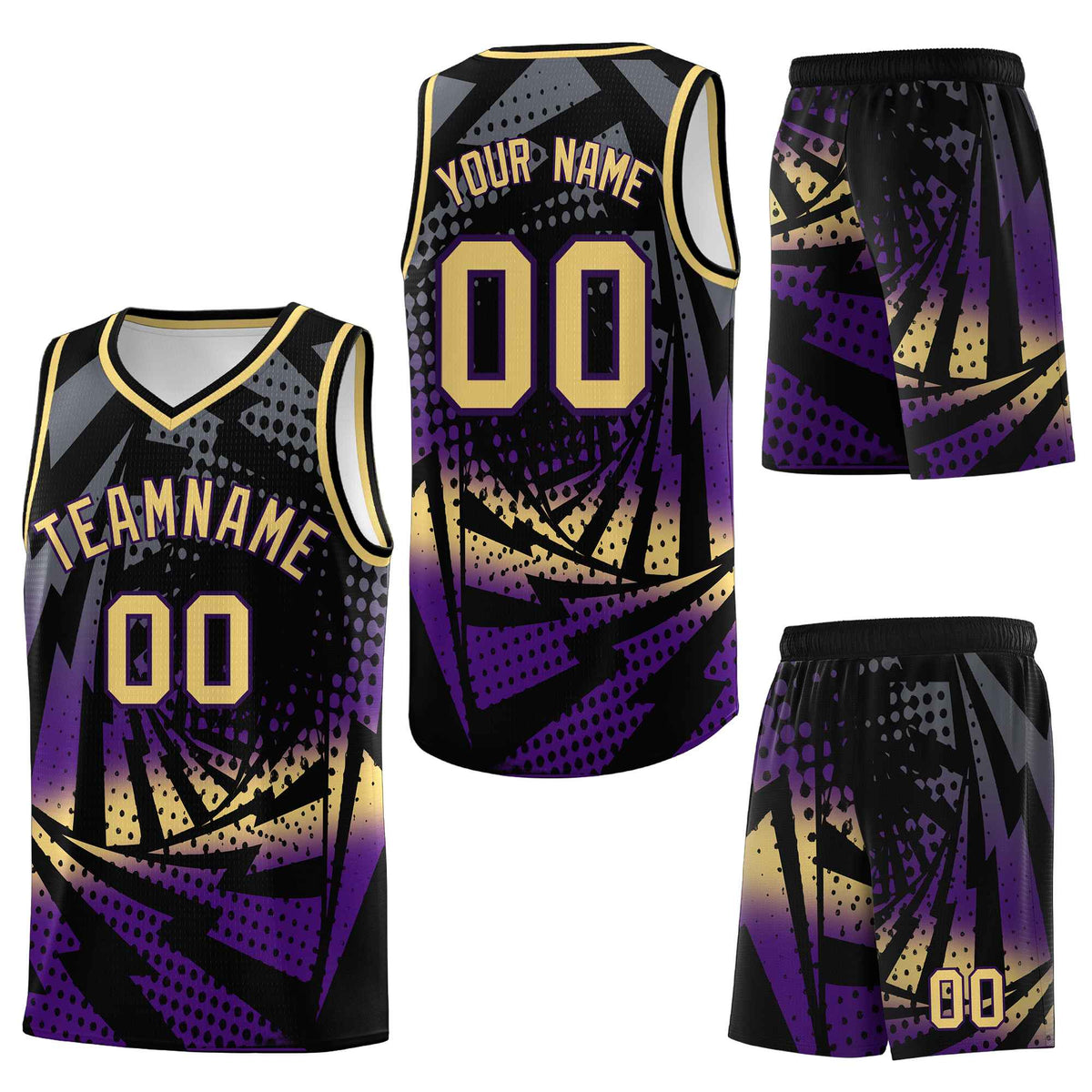 Custom Black Purple Lightning Halftone Dot Design Wrinkle-Resistant Uniform Basketball Jersey