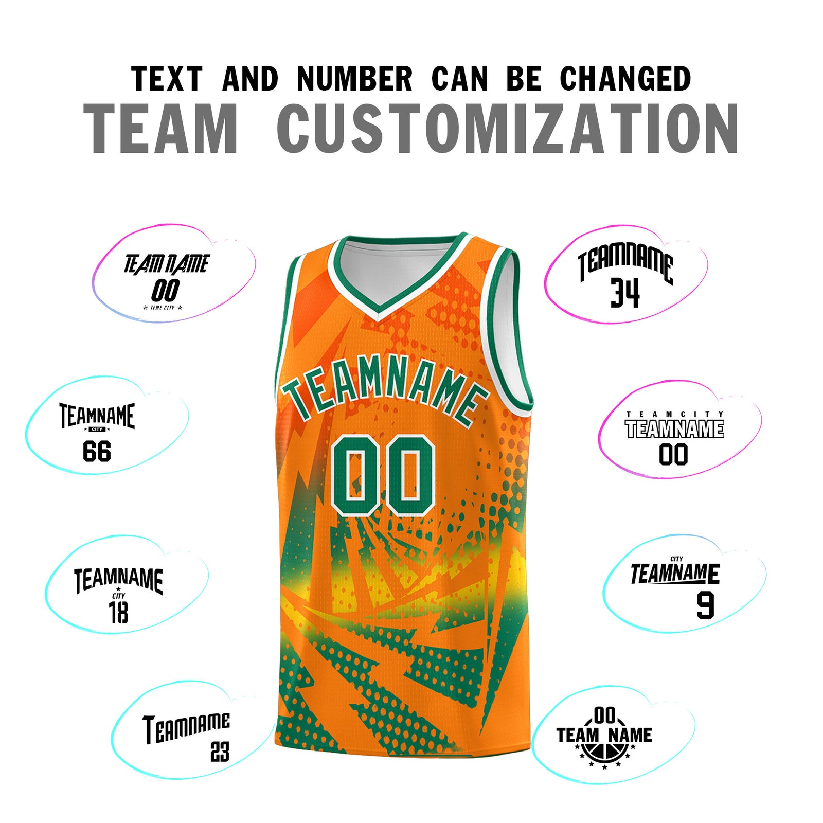Custom Youth Basketball Jerseys Orange Kelly Green Lightning Design Halftone Personalized Uniforms