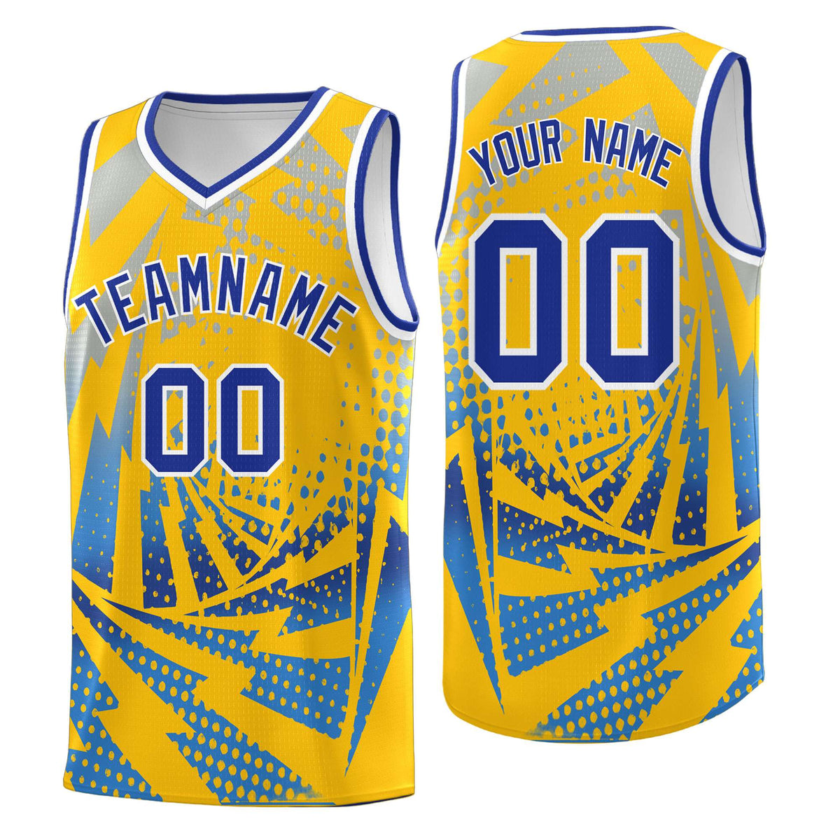 Custom Youth Basketball Jerseys Gold Powder Blue Lightning Halftone Personalized Team Uniforms