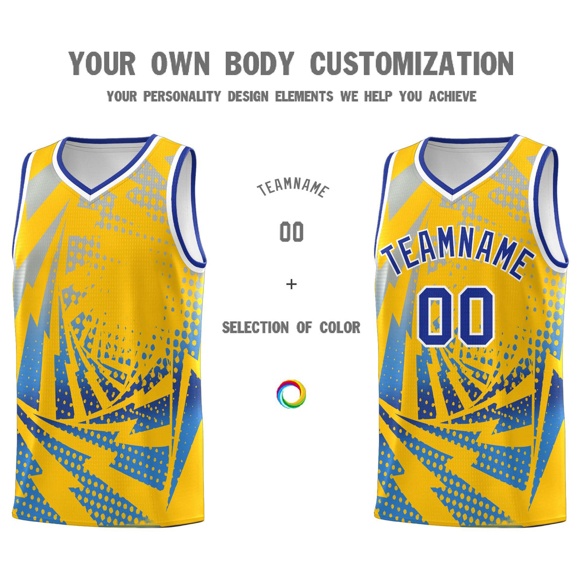 Custom Youth Basketball Jerseys Gold Powder Blue Lightning Halftone Personalized Team Uniforms
