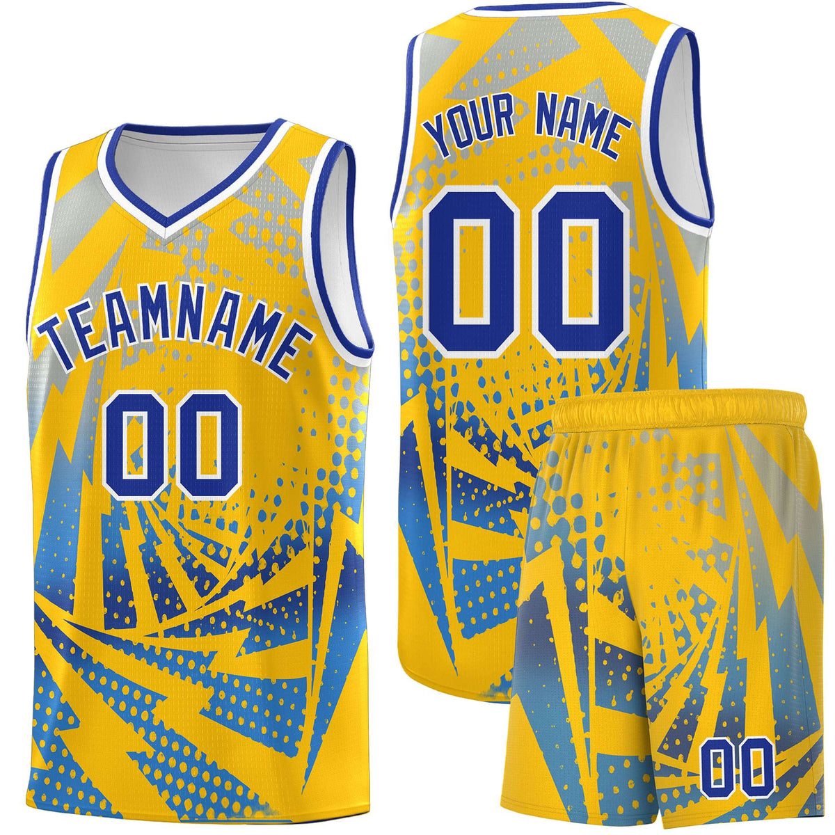 Custom Youth Basketball Jerseys Gold Powder Blue Lightning Halftone Personalized Team Uniforms