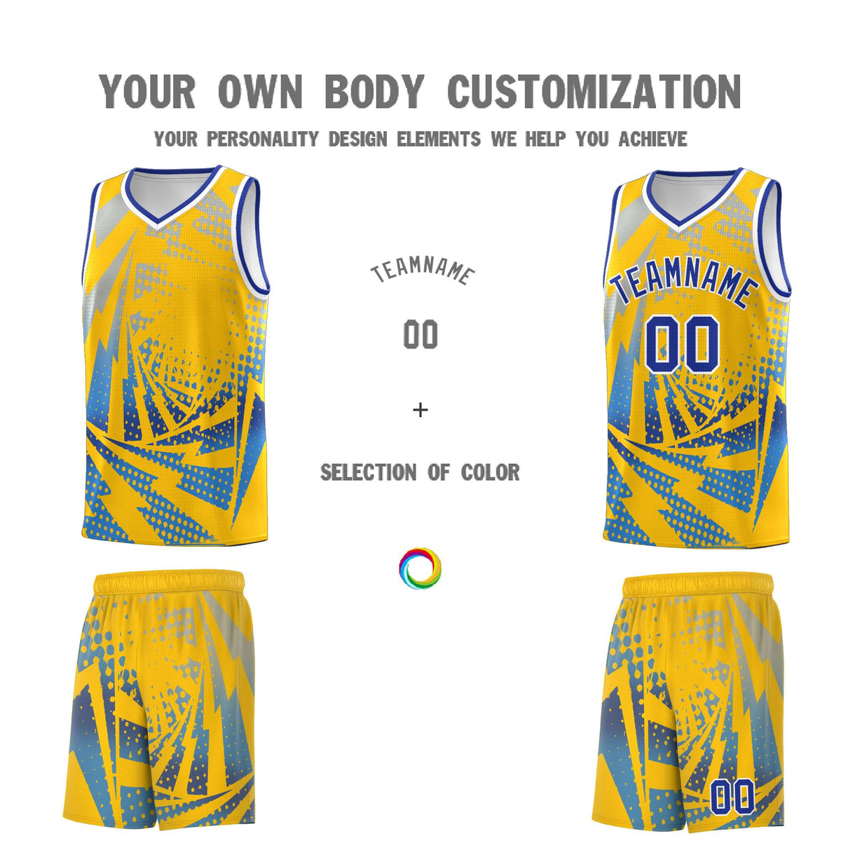 Custom Youth Basketball Jerseys Gold Powder Blue Lightning Halftone Personalized Team Uniforms
