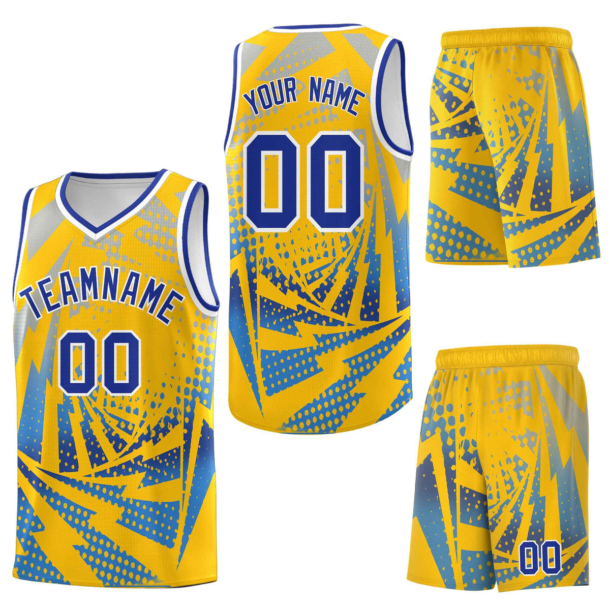 Custom Gold Powder Blue Lightning Halftone Dot Design Quick-Drying Uniform Basketball Jersey