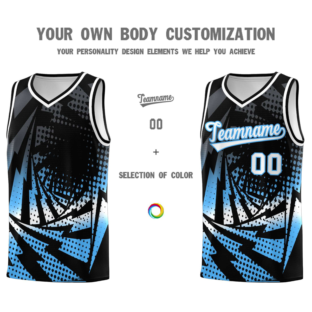 Custom Youth Basketball Jerseys Black Powder Blue Lightning Design Halftone Personalized Uniforms