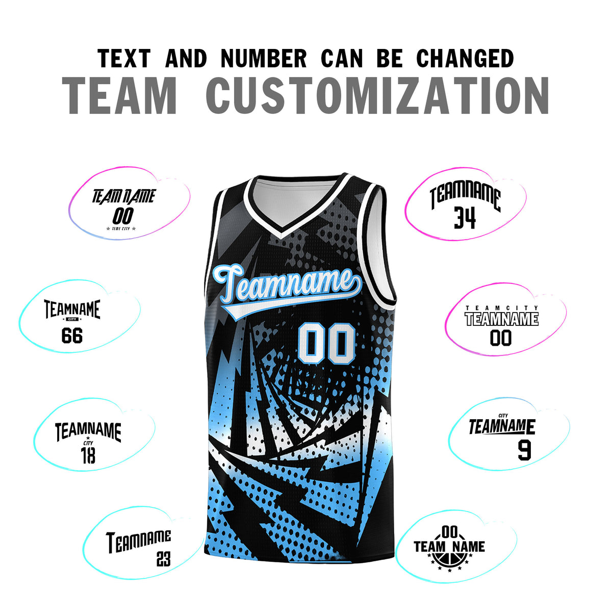 Custom Youth Basketball Jerseys Black Powder Blue Lightning Design Halftone Personalized Uniforms
