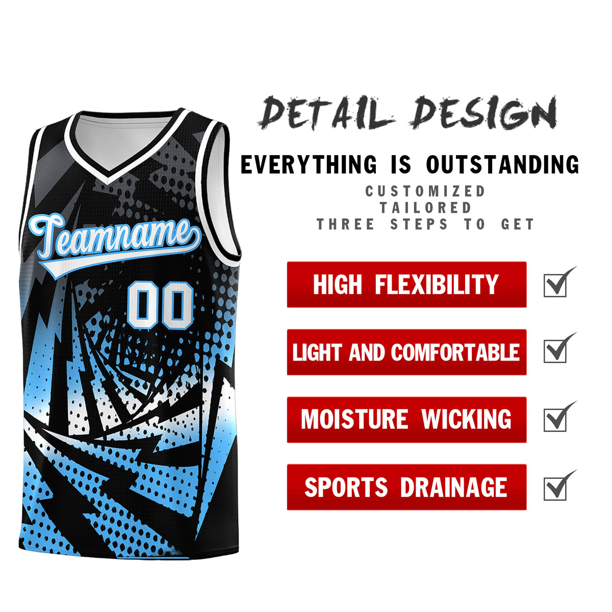 Custom Youth Basketball Jerseys Black Powder Blue Lightning Design Halftone Personalized Uniforms