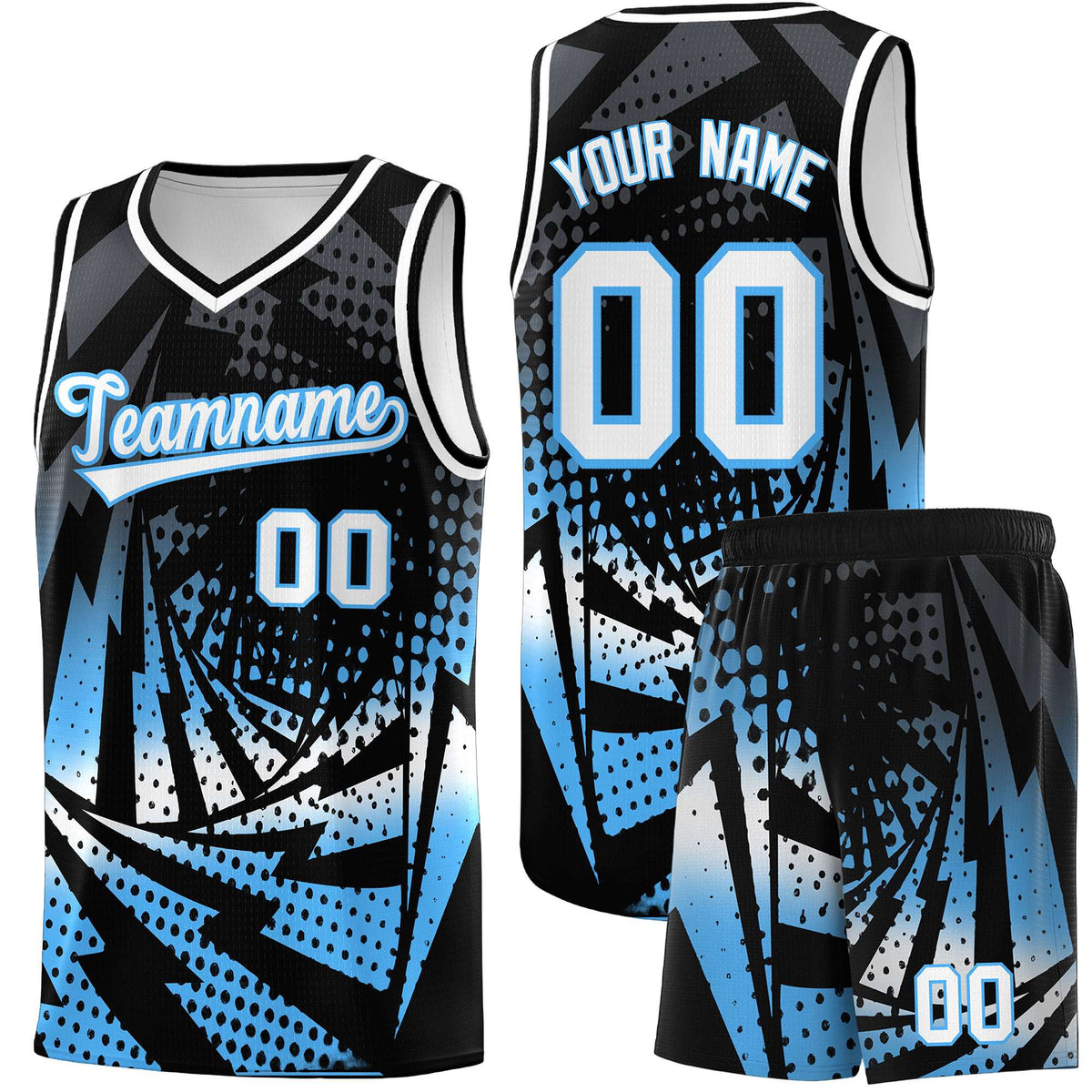 Custom Youth Basketball Jerseys Black Powder Blue Lightning Design Halftone Personalized Uniforms