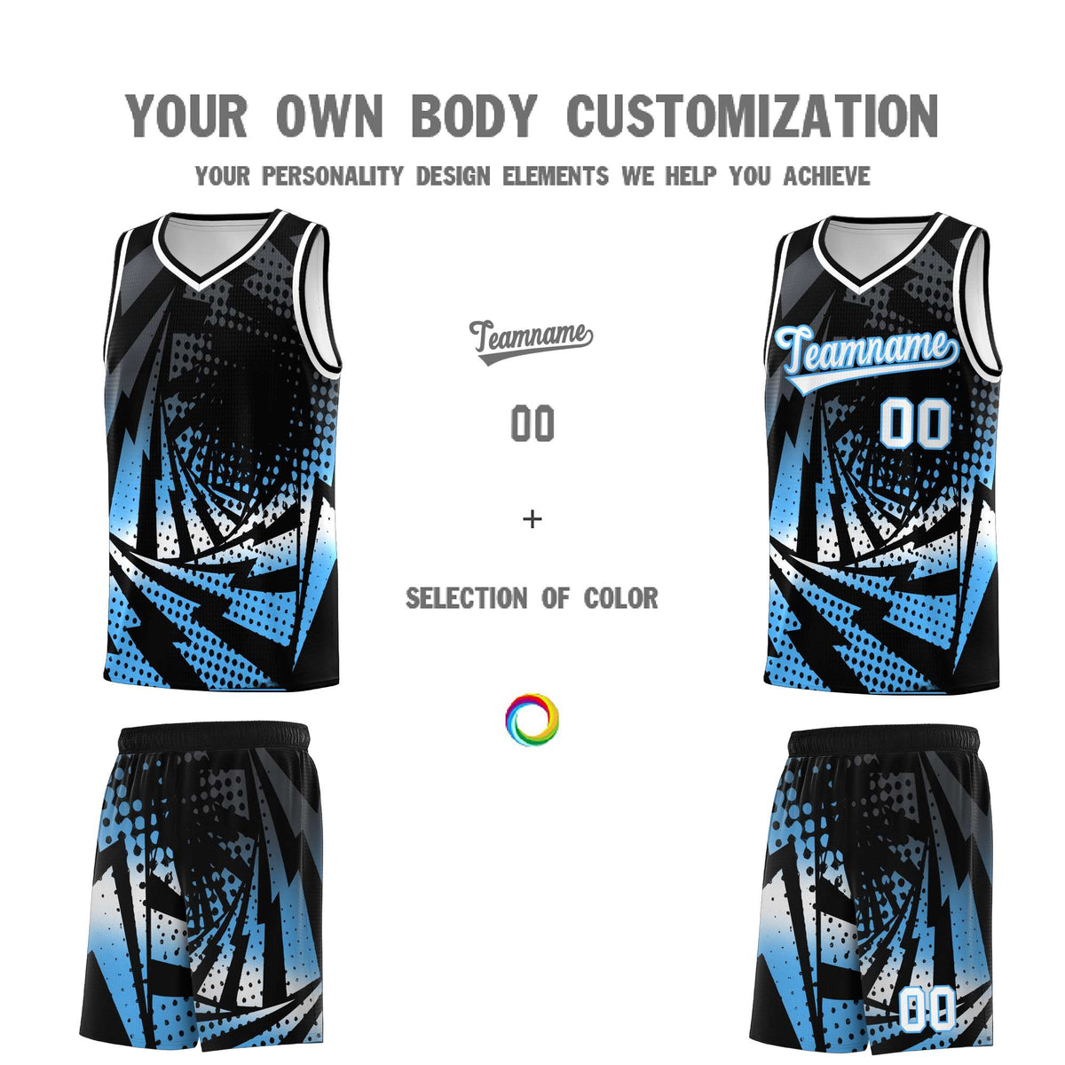 Custom Youth Basketball Jerseys Black Powder Blue Lightning Design Halftone Personalized Uniforms