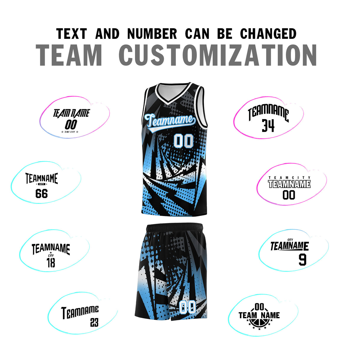 Custom Youth Basketball Jerseys Black Powder Blue Lightning Design Halftone Personalized Uniforms