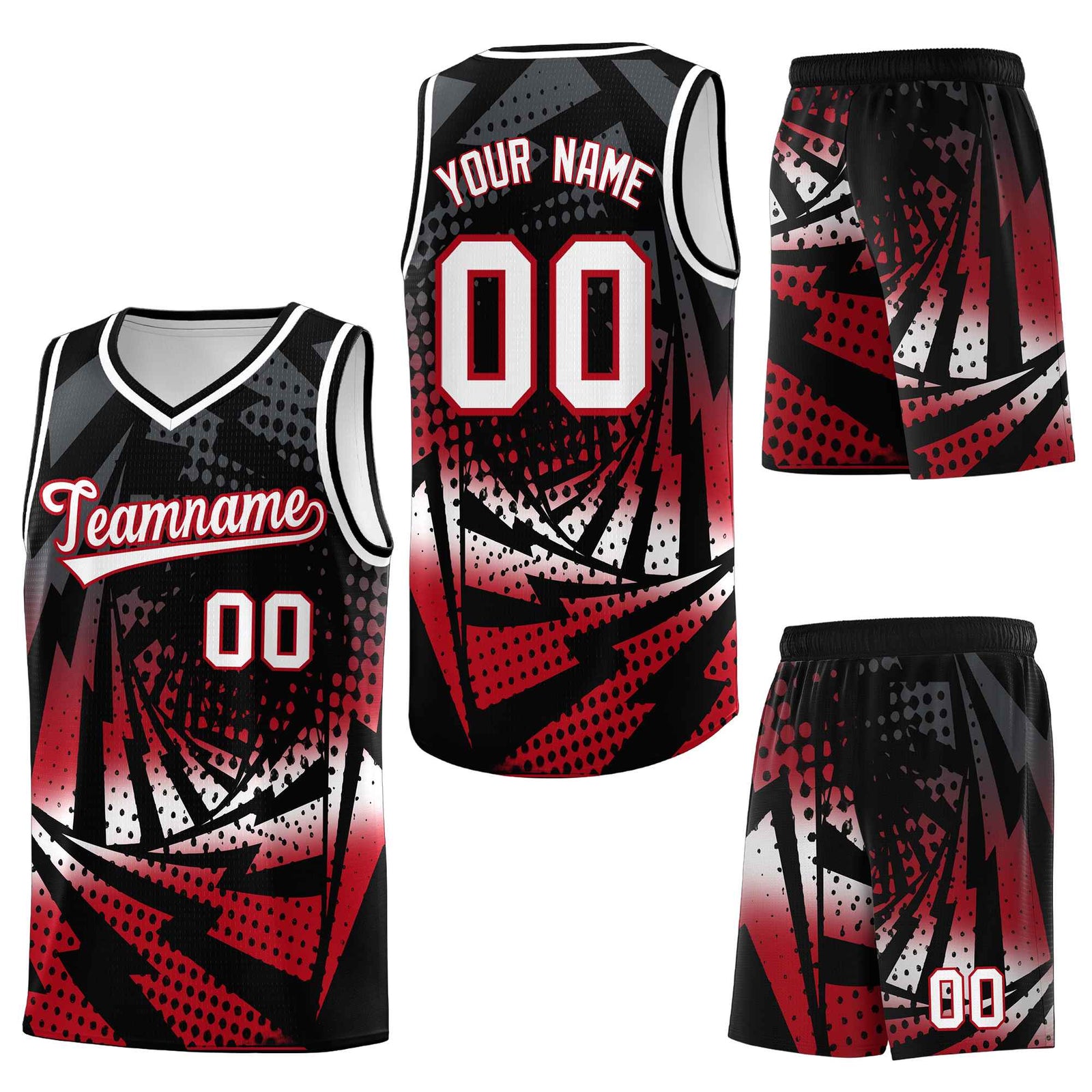 Custom Black Red Lightning Halftone Dot Design Quick-Drying Uniform Basketball Jersey