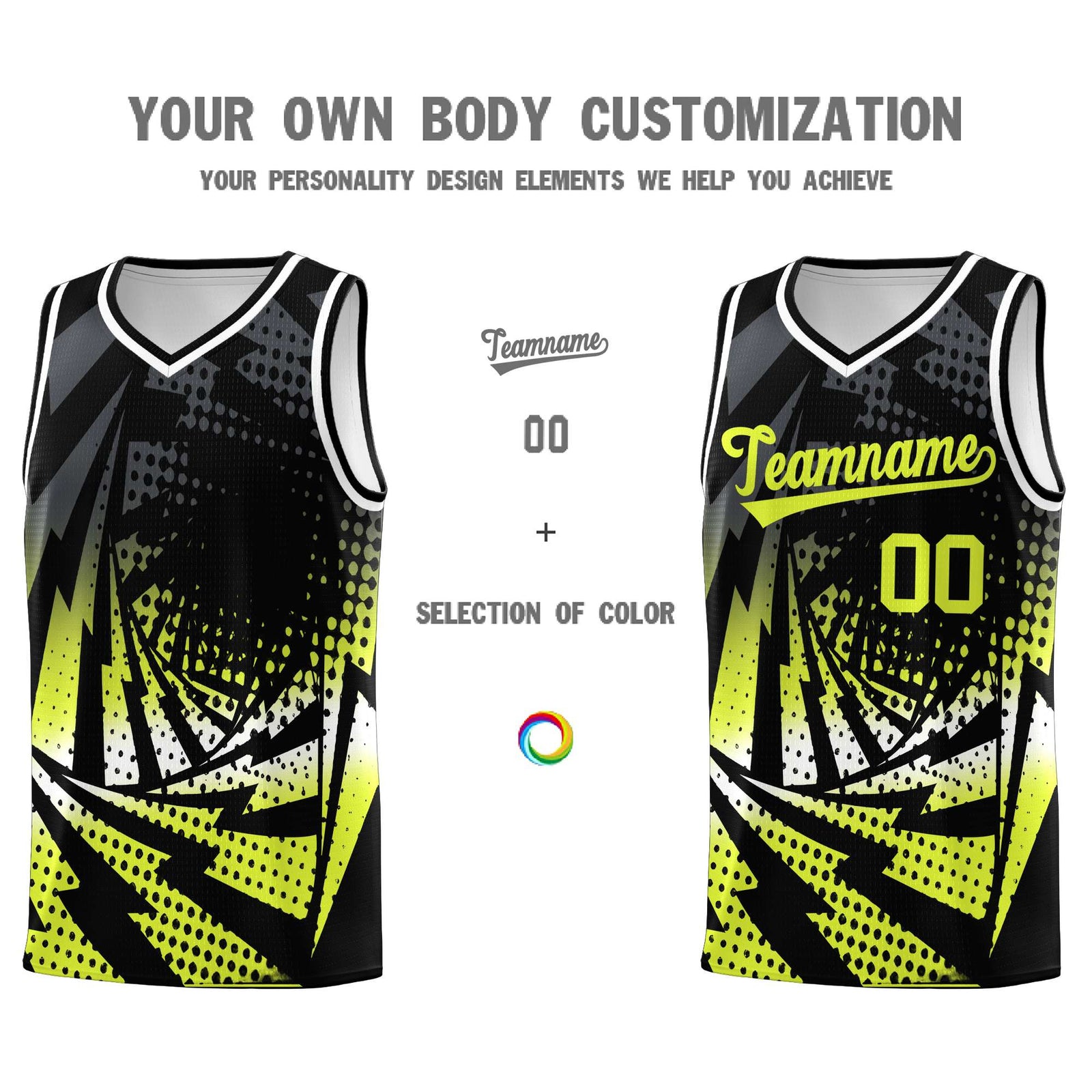 Custom Youth Basketball Jerseys Black Fluorescent Green Lightning Halftone Personalized Team Uniforms