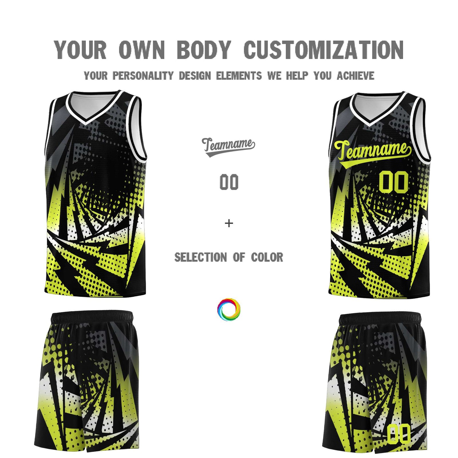 Custom Youth Basketball Jerseys Black Fluorescent Green Lightning Halftone Personalized Team Uniforms