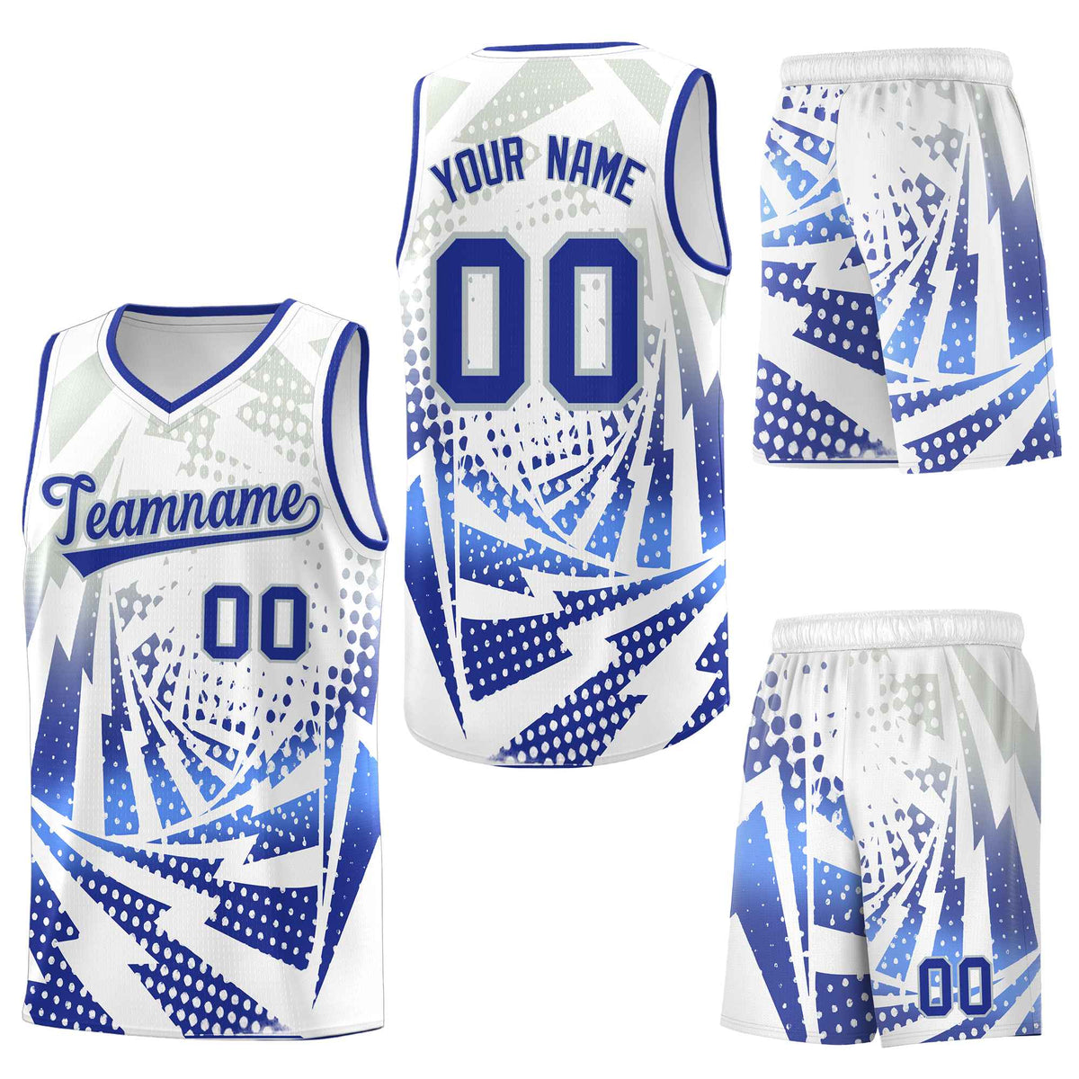 Custom White Royal Blue Lightning Halftone Dot Design Drapable Uniform Basketball Jersey