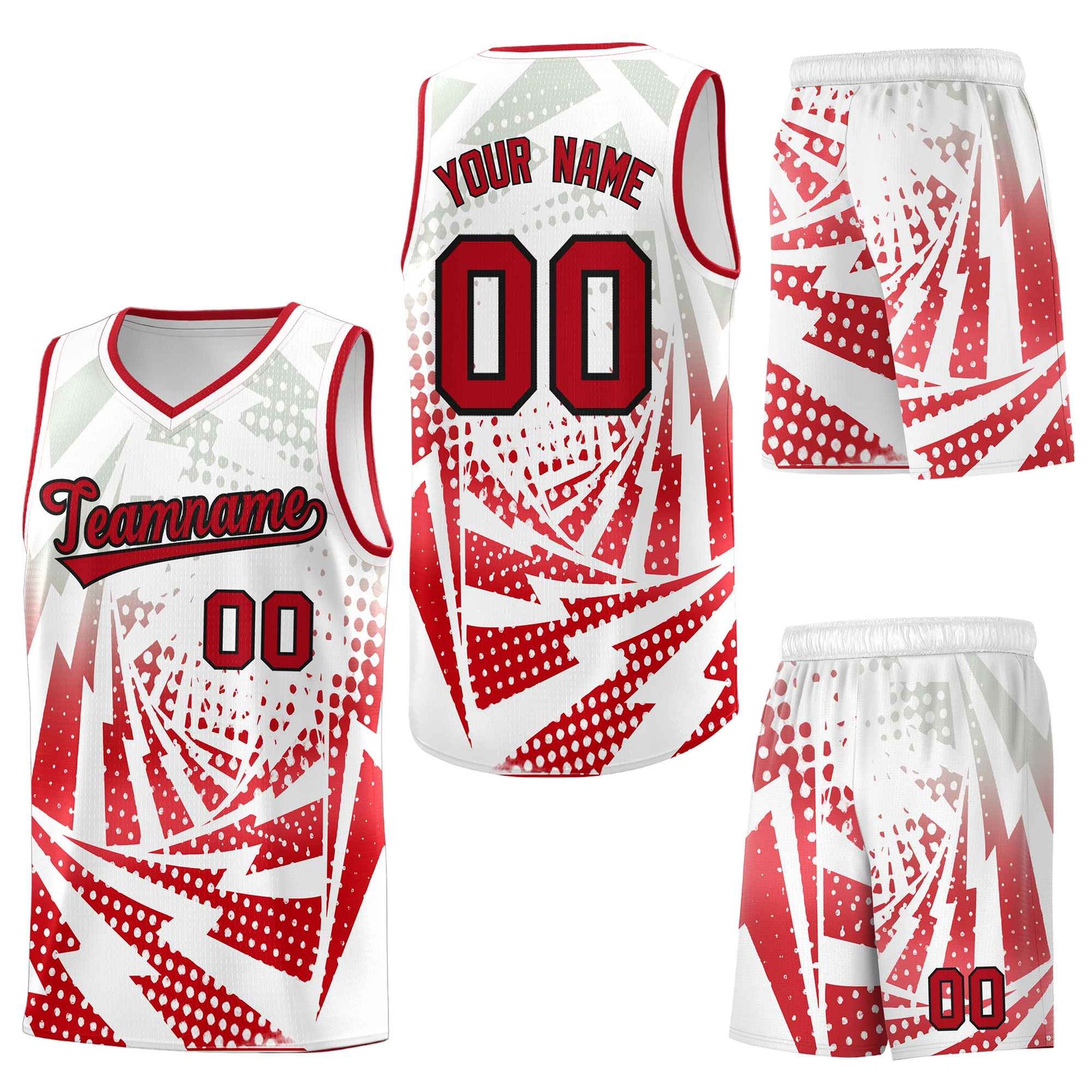 Custom White Red Lightning Halftone Dot Design Breathable Uniform Basketball Jersey