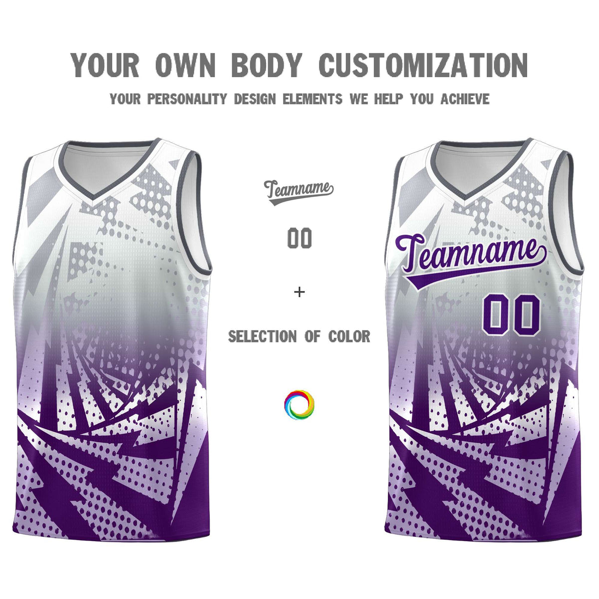 Custom Youth Basketball Jerseys Silver Gray Purple Lightning Design Halftone Personalized Uniforms
