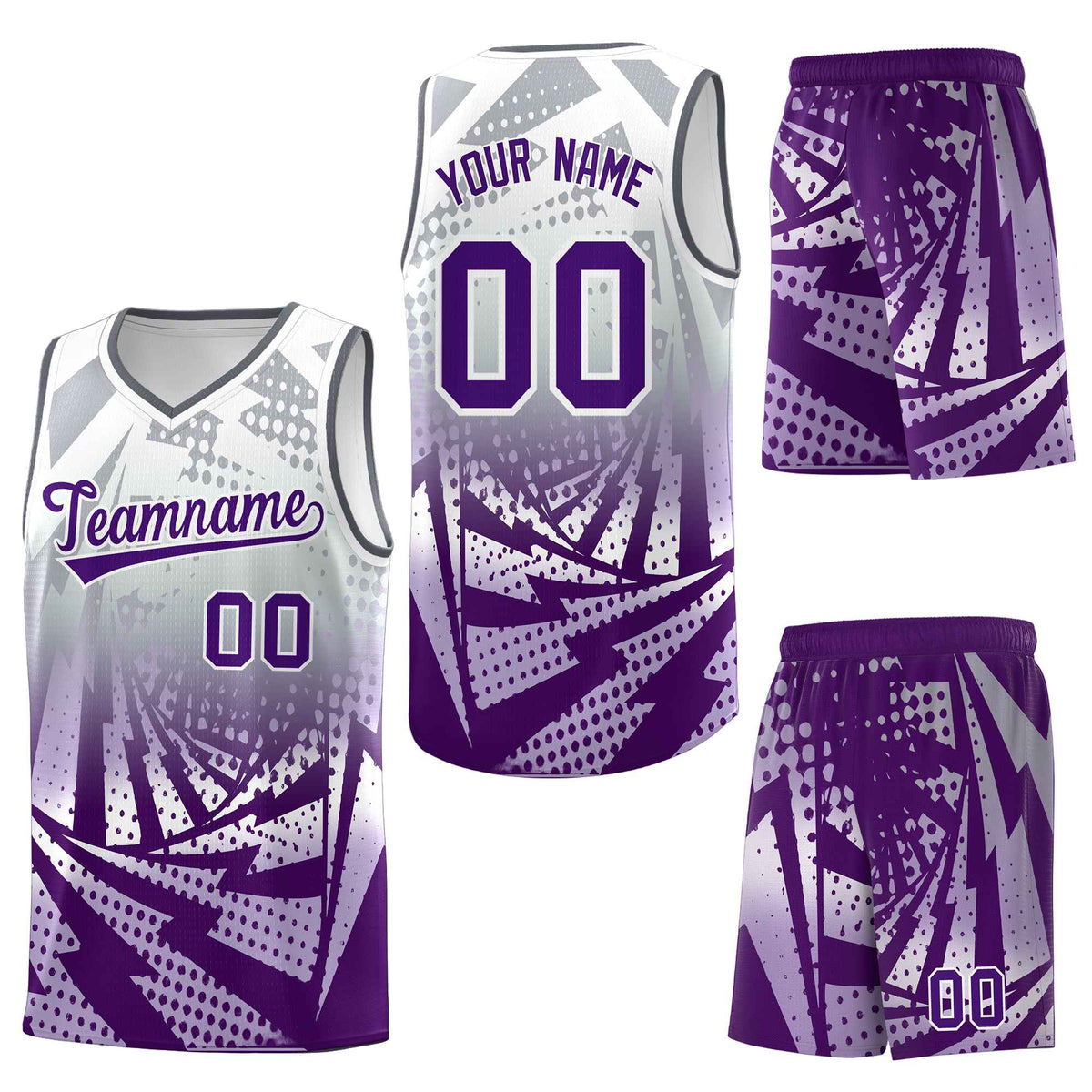 Custom Silver Gray Purple Lightning Halftone Dot Design Quick-Drying Uniform Basketball Jersey