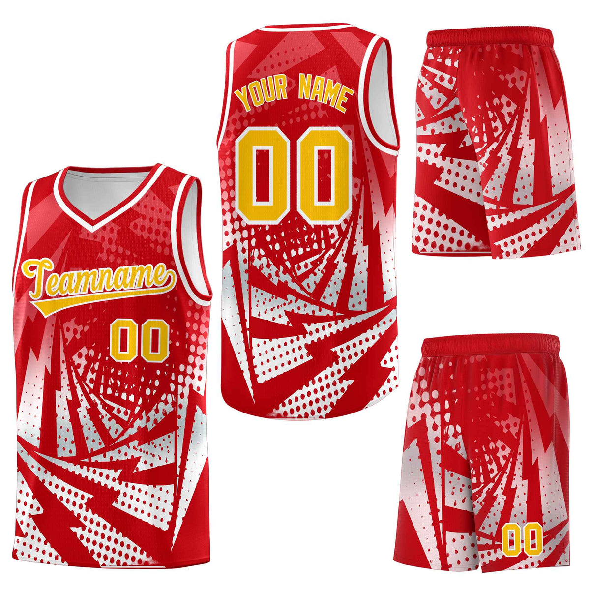 Custom Red White Lightning Halftone Dot Design Lightweight Uniform Basketball Jersey