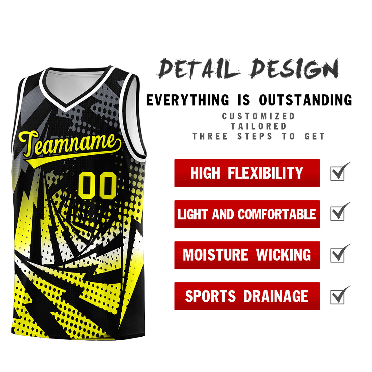 Custom Youth Basketball Jerseys Black Fluorescent Yellow Lightning Design Halftone Personalized Uniforms