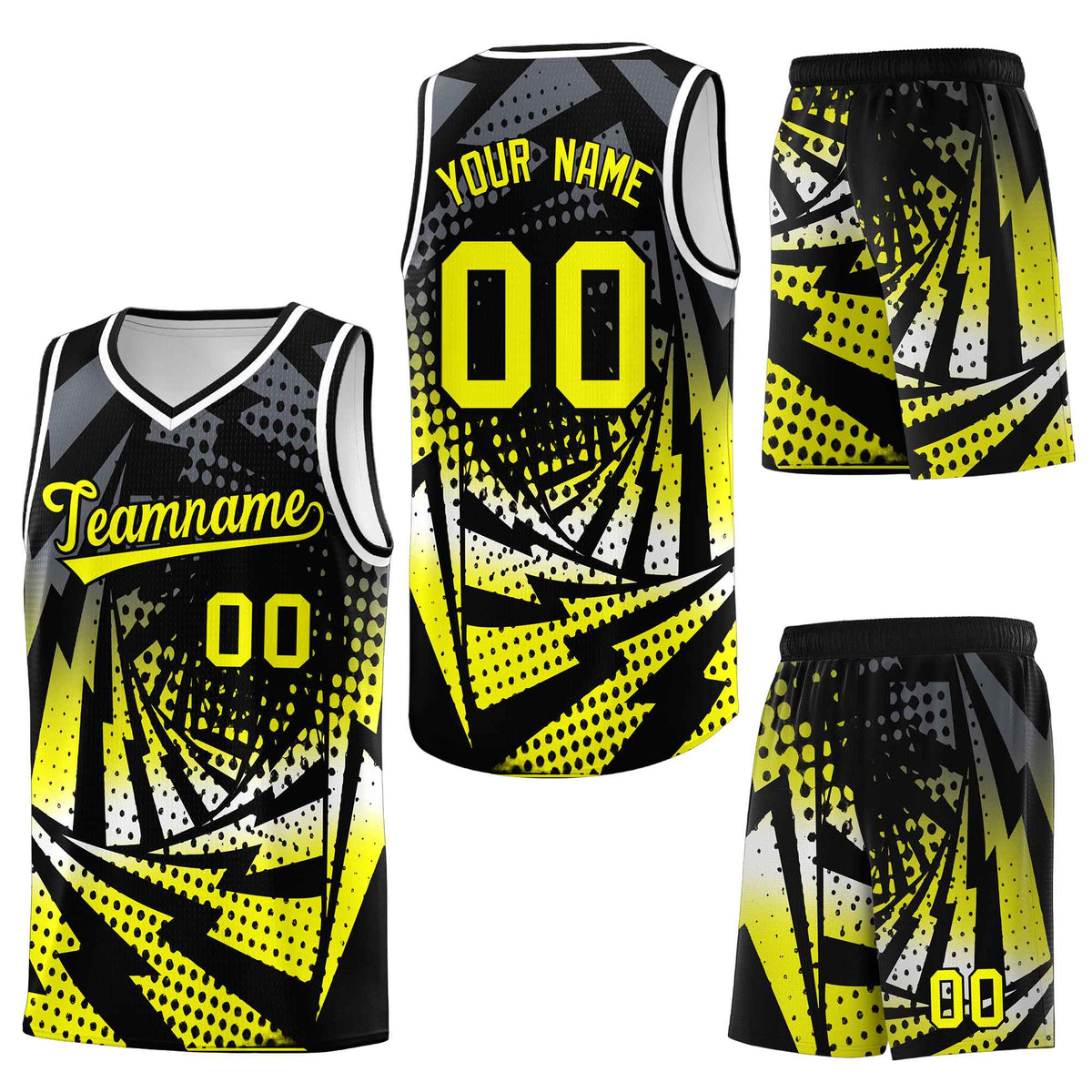 Custom Black Fluorescent Yellow Lightning Halftone Dot Design Breathable Uniform Basketball Jersey