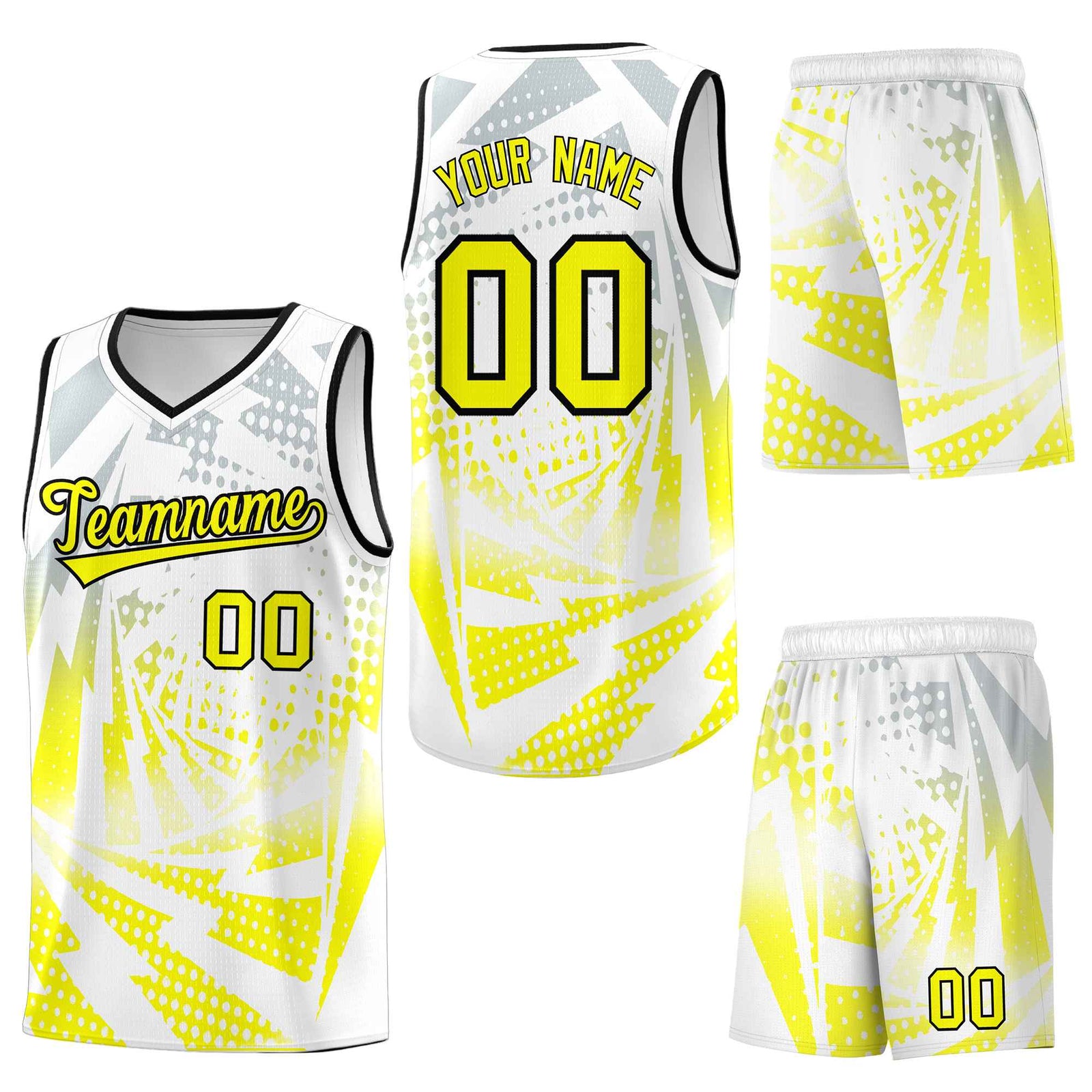 Custom White Fluorescent Yellow Lightning Halftone Dot Design Quick-Drying Uniform Basketball Jersey
