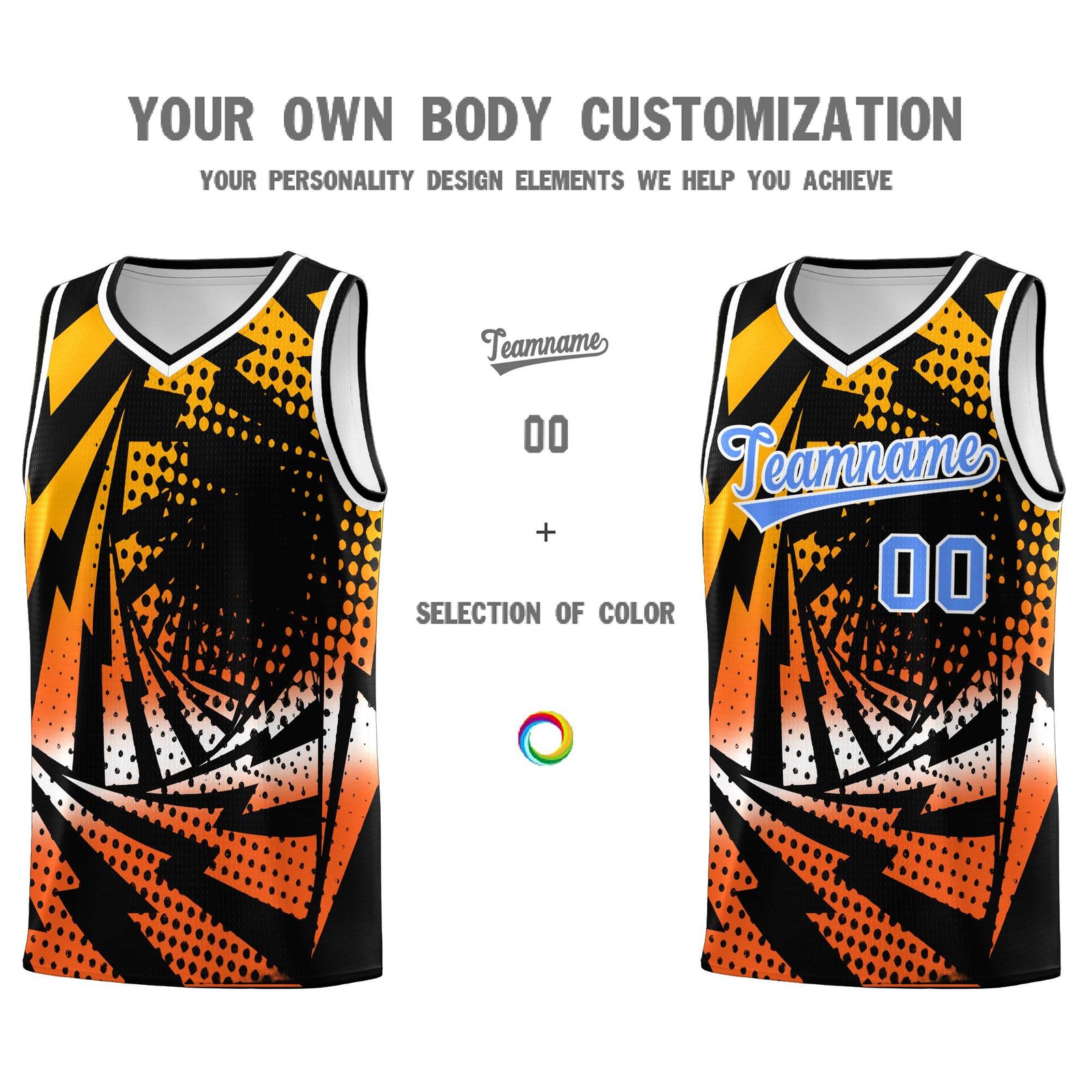 Custom Youth Basketball Jerseys Black Orange Lightning Design Halftone Personalized Uniforms