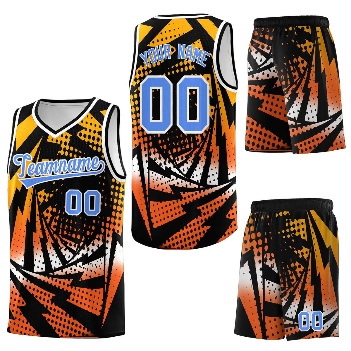Custom Black Orange Lightning Halftone Dot Design Drapable Uniform Basketball Jersey