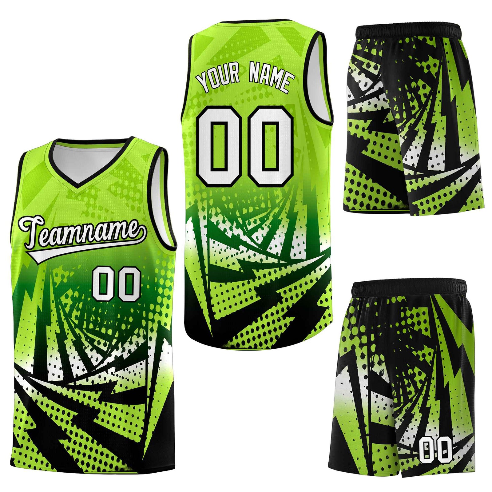 Custom Neon Green Black Lightning Halftone Dot Design Lightweight Uniform Basketball Jersey