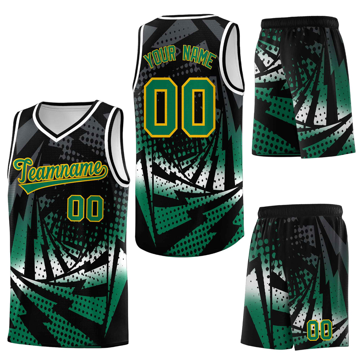Custom Black Kelly Green Lightning Halftone Dot Design Breathable Uniform Basketball Jersey