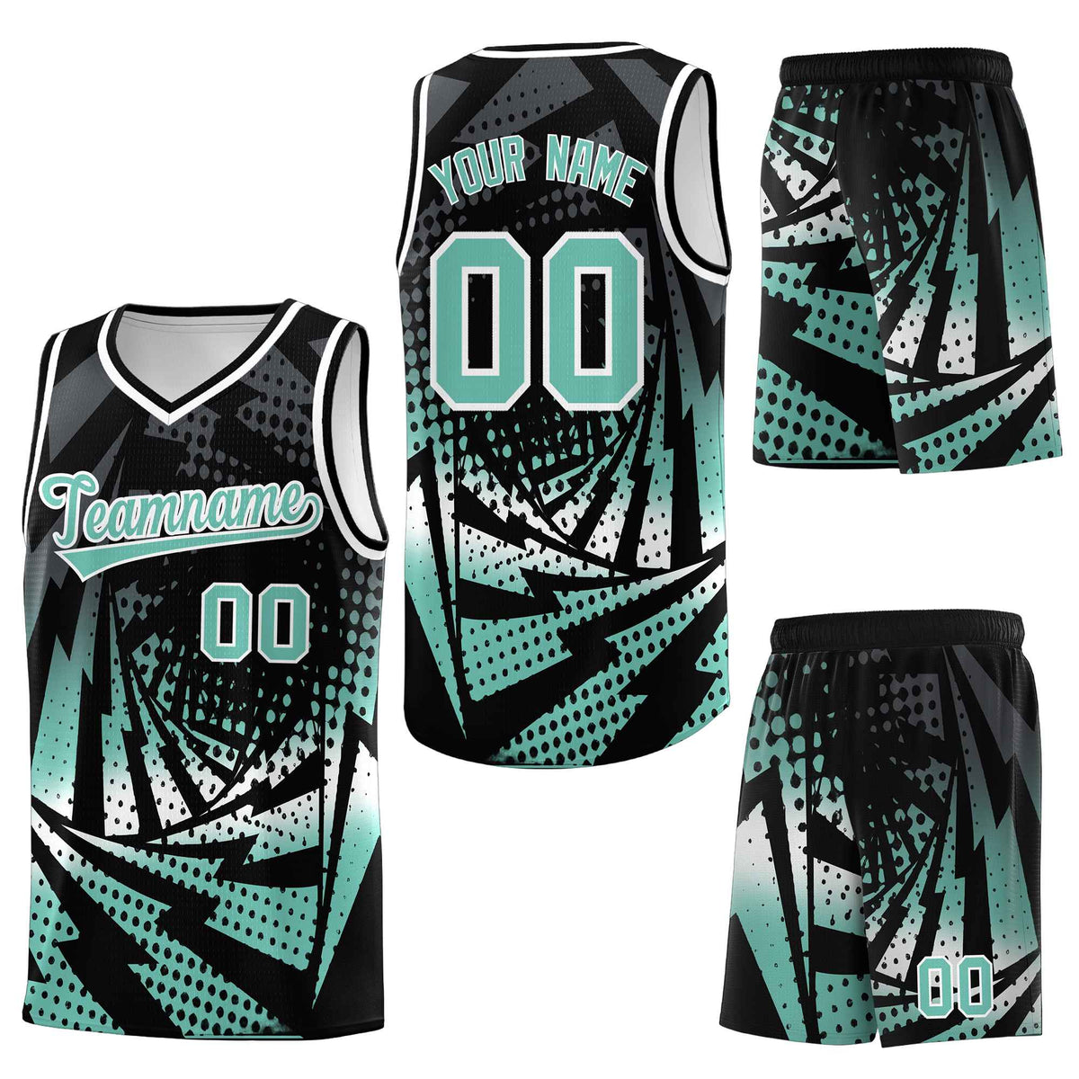 Custom Black Bright Green Lightning Halftone Dot Design Quick-Drying Uniform Basketball Jersey