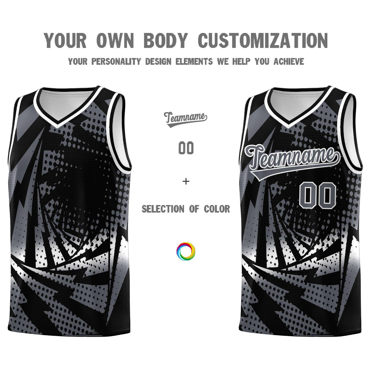 Custom Youth Basketball Jerseys Black Dark Gray Lightning Design Halftone Personalized Uniforms