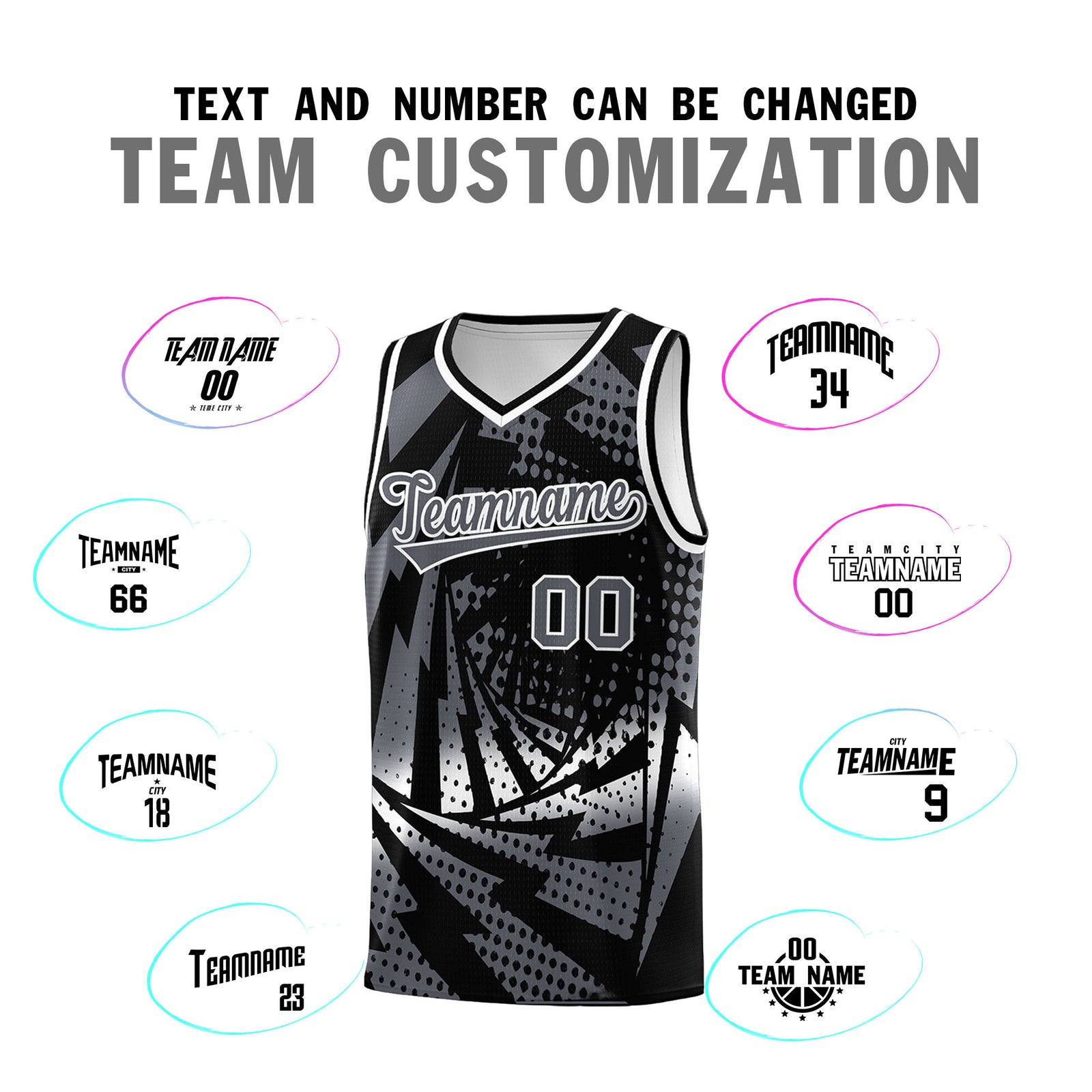 Custom Youth Basketball Jerseys Black Dark Gray Lightning Design Halftone Personalized Uniforms
