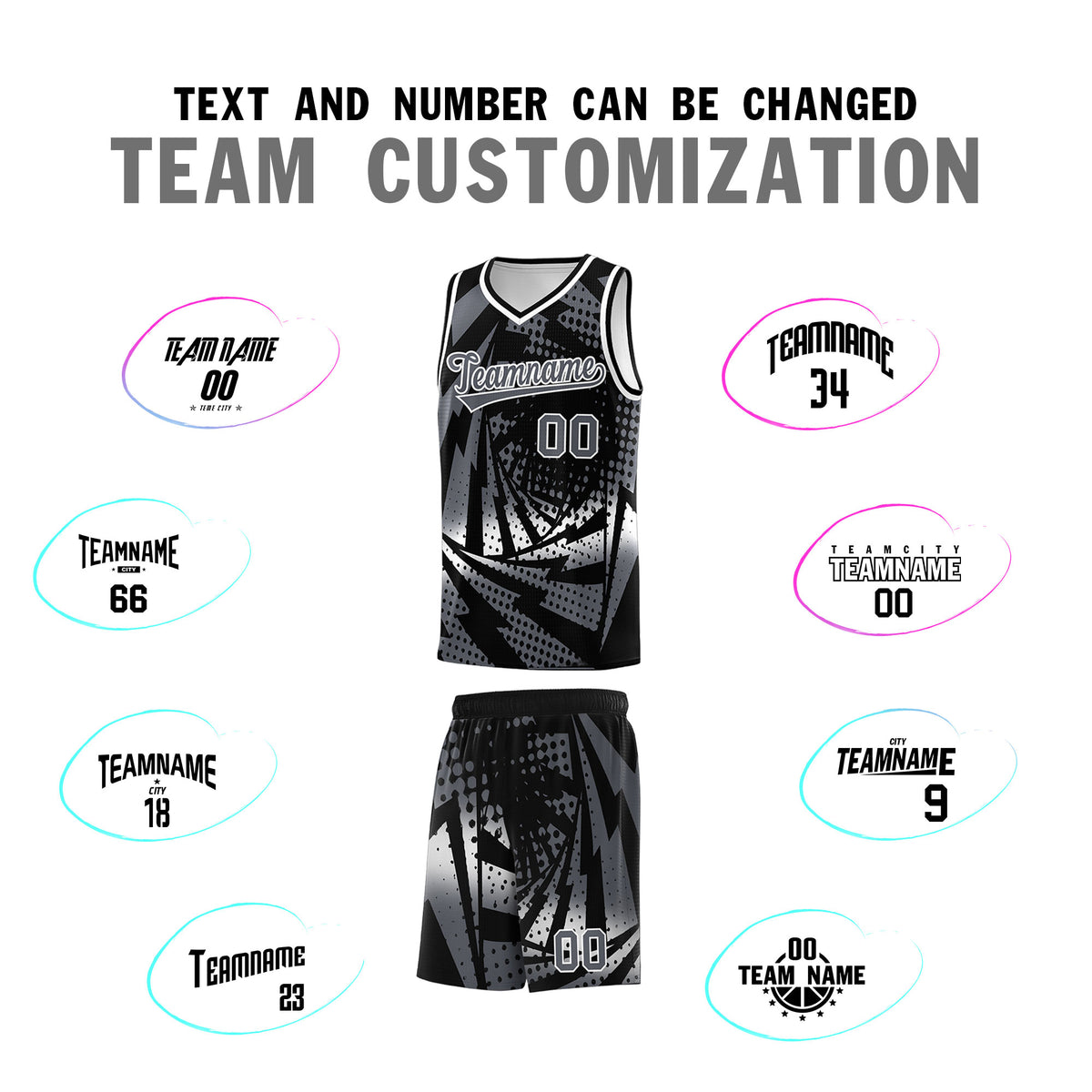 Custom Youth Basketball Jerseys Black Dark Gray Lightning Design Halftone Personalized Uniforms