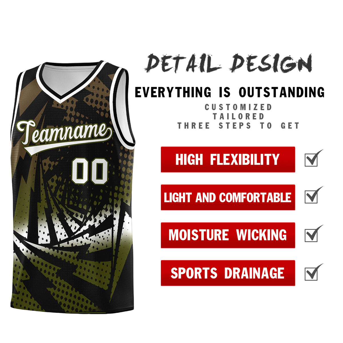 Custom Youth Basketball Jerseys Black Olive Lightning Design Halftone Personalized Uniforms