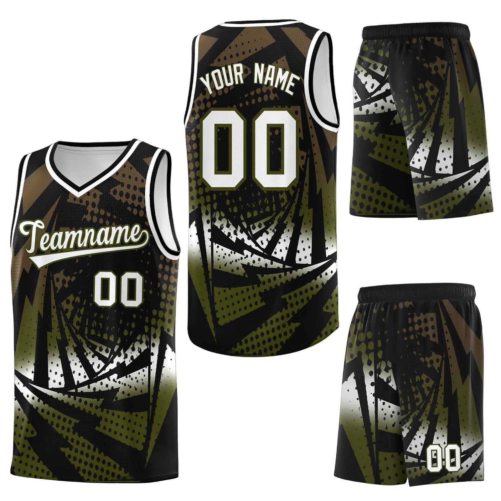 Custom Black Olive Lightning Halftone Dot Design Drapable Uniform Basketball Jersey